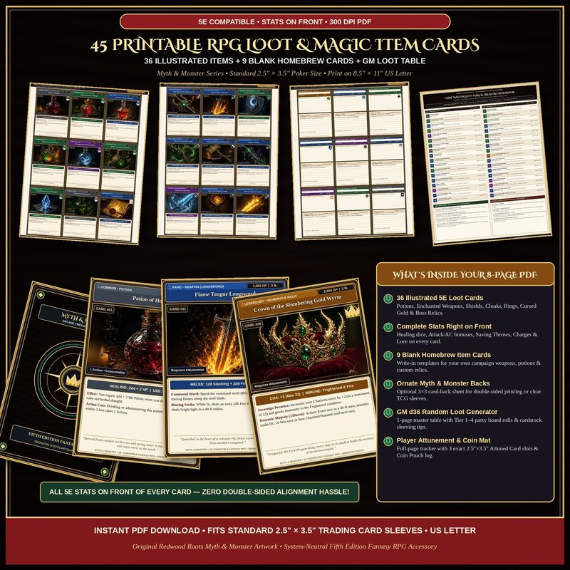 45 Printable RPG Loot and Magic Item Cards, 5E Compatible Illustrated Equipment Deck, Blank Homebrew Item Cards and d100 Loot Table PDF 45 Printable RPG Loot and Magic Item Cards, 5E Compatible Illustrated Equipment Deck, Blank Homebrew Item Cards and d100 Loot Table PDF