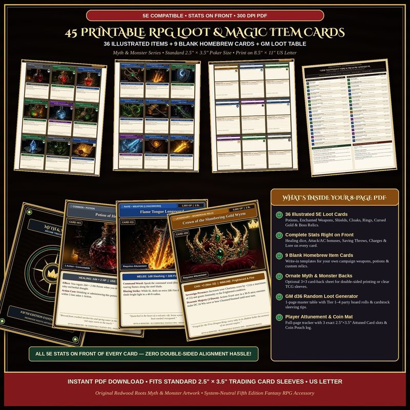45 Printable RPG Loot and Magic Item Cards — 5E Compatible TTRPG Deck with Stats on Front, Blank Homebrew Cards and Story Warden Loot Table 45 Printable RPG Loot and Magic Item Cards — 5E Compatible TTRPG Deck with Stats on Front, Blank Homebrew Cards and Story Warden Loot Table