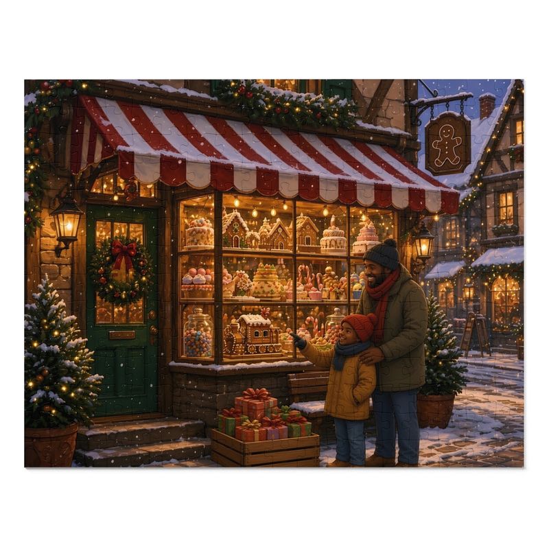 Christmas Cookies Bakery Shop Jigsaw Puzzle, Snowy Village Storefront, Tin Box (252 Pieces)