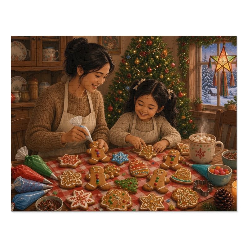Christmas Cookies Decorating Table Jigsaw Puzzle, Mom and Daughter Gingerbread, Tin Box (252 Pieces)