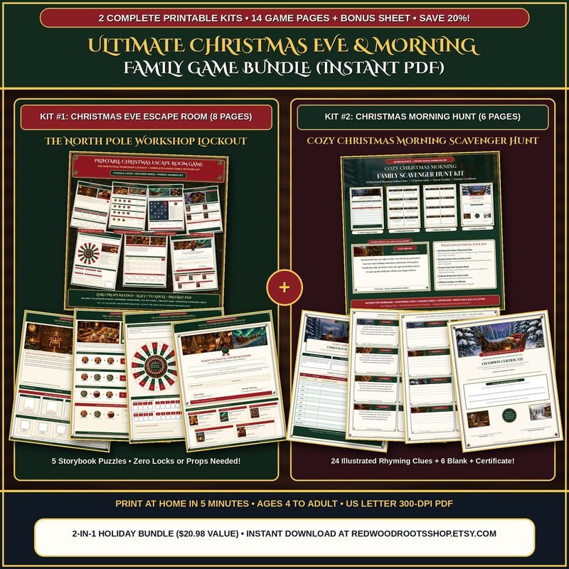 Christmas Eve Escape Room & Morning Scavenger Hunt Bundle, 2-in-1 Printable Holiday Family Party Games PDF, Kids and Adults Activity Kit Christmas Eve Escape Room & Morning Scavenger Hunt Bundle, 2-in-1 Printable Holiday Family Party Games PDF, Kids and Adults Activity Kit