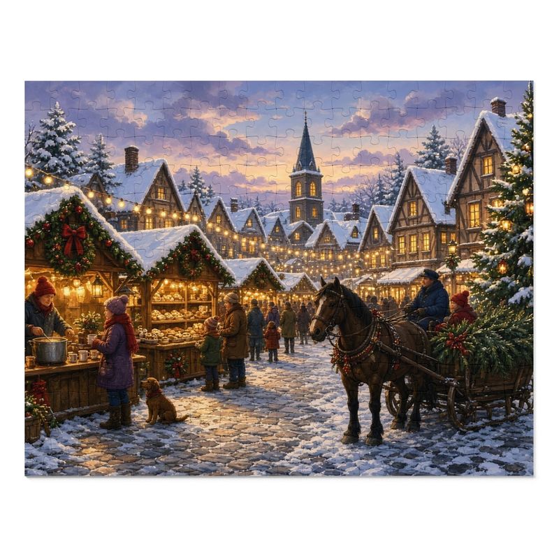Cozy Cottage Seasons Christmas Market Village Jigsaw Puzzle, Old World Holiday, Tin Box (252 Pieces)