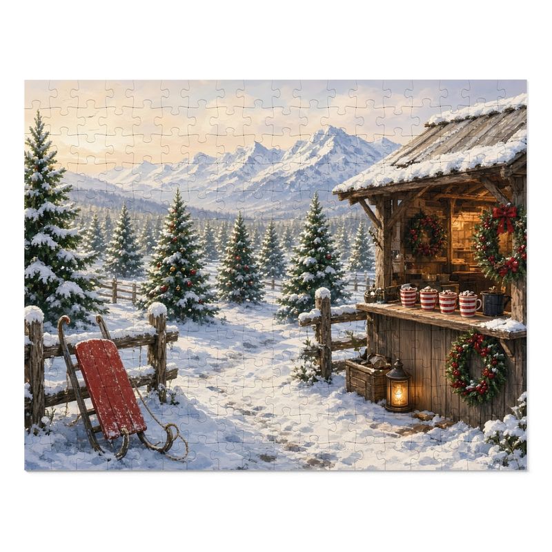Cozy Cottage Seasons Hot Cocoa Stand Jigsaw Puzzle, Christmas Tree Farm, Tin Box (252 Pieces)