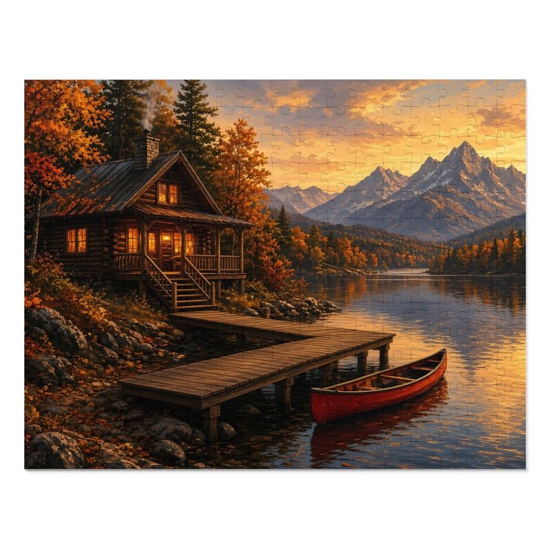 Cozy Cottage Seasons Lakeside Cabin Jigsaw Puzzle, Mountain Lake, Tin Box (252 Pieces)