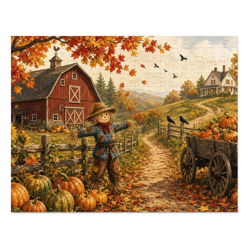 Cozy Cottage Seasons Pumpkin Patch Lane Jigsaw Puzzle, Scarecrow Farm, Tin Box (252 Pieces)