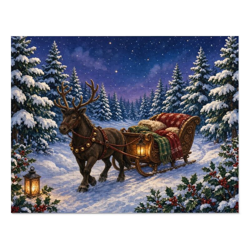Cozy Cottage Seasons Reindeer Sleigh Jigsaw Puzzle, Christmas Night, Tin Box (252 Pieces)