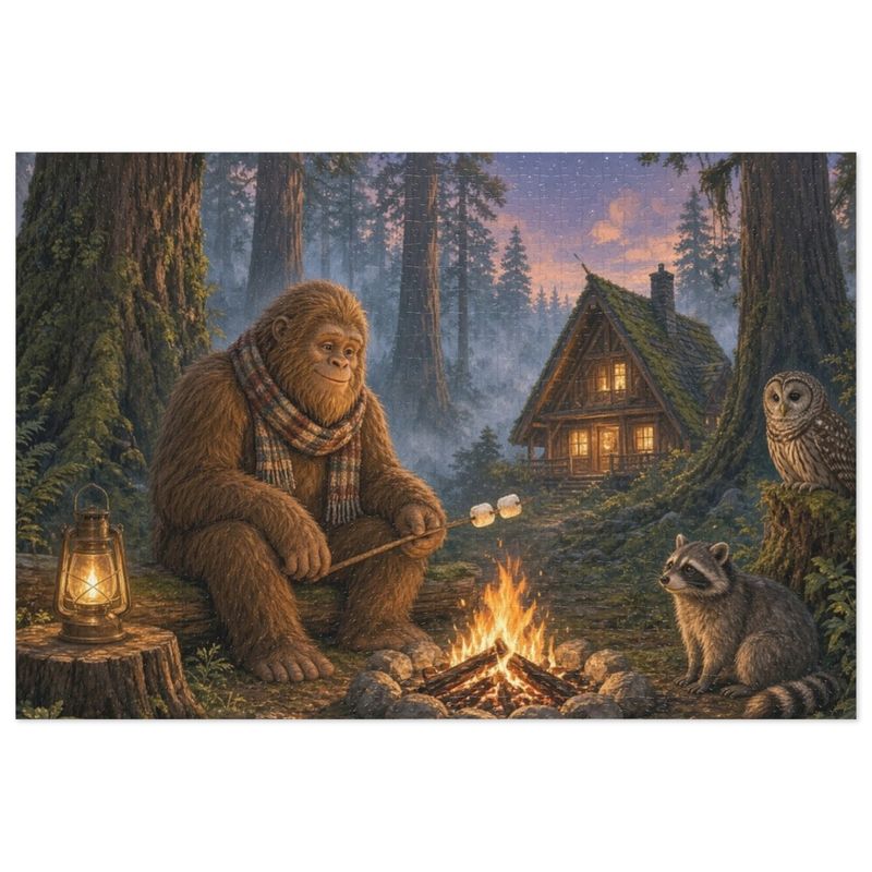 Cozy Sasquatch Campfire in the Redwoods Jigsaw Puzzle in Gift Tin, 1000 or 500 Pieces, Pacific Northwest Bigfoot Gift Cozy Sasquatch Campfire in the Redwoods Jigsaw Puzzle in Gift Tin, 1000 or 500 Pieces, Pacific Northwest Bigfoot Gift
