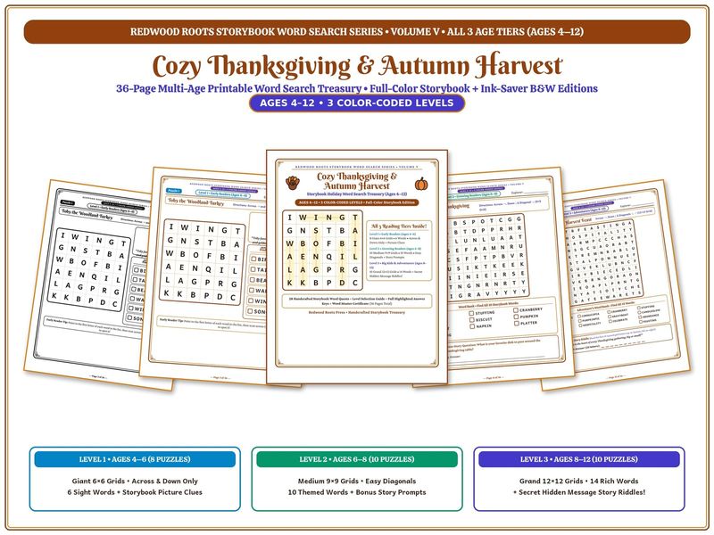 Cozy Thanksgiving and Autumn Harvest — Storybook Word Search Treasury (Ages 4–12), 28 Puzzles, Color + B&W PDF Cozy Thanksgiving and Autumn Harvest — Storybook Word Search Treasury (Ages 4–12), 28 Puzzles, Color + B&W PDF