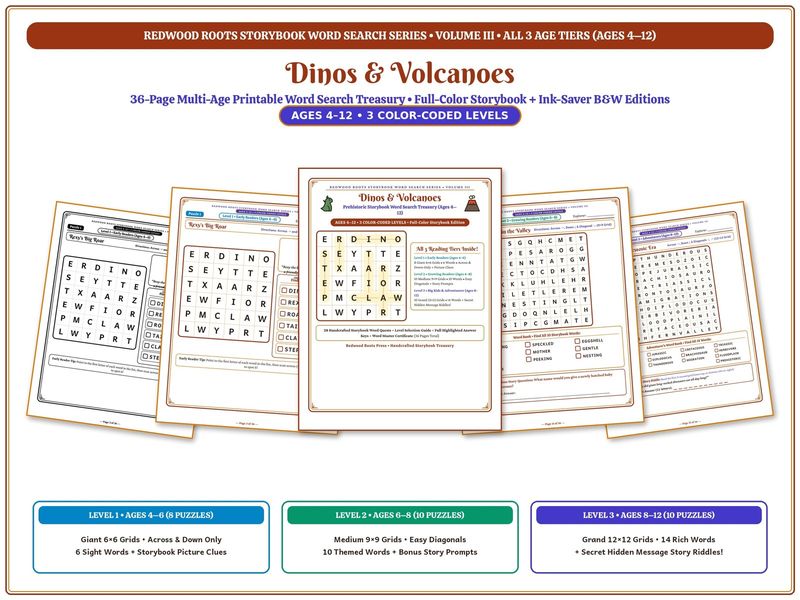 Dinos & Volcanoes — Prehistoric Storybook Word Search Treasury (Ages 4–12) Dinos & Volcanoes — Prehistoric Storybook Word Search Treasury (Ages 4–12)