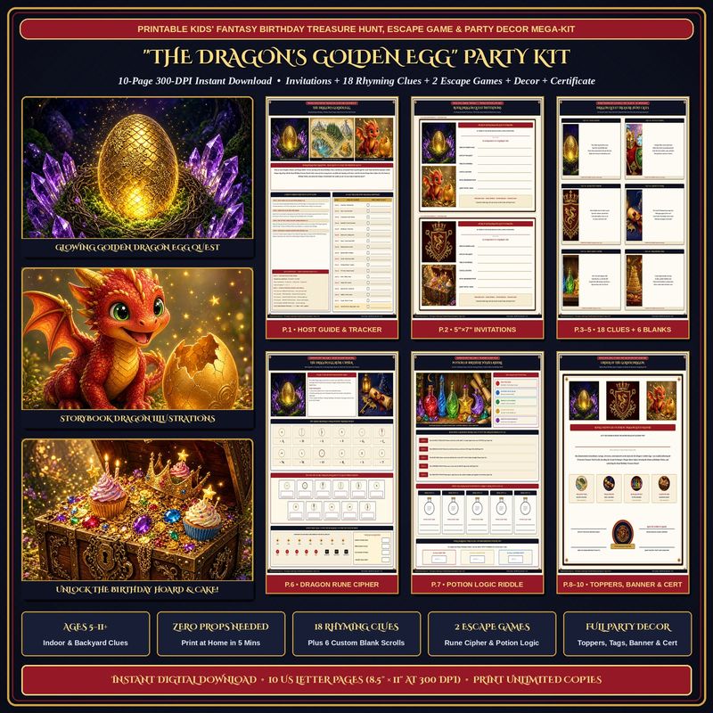 Dragon Birthday Treasure Hunt & Escape Game Kit, Printable Fantasy Party Clues, Invitations, Cupcake Toppers, Banner PDF (Ages 5-11) Dragon Birthday Treasure Hunt & Escape Game Kit, Printable Fantasy Party Clues, Invitations, Cupcake Toppers, Banner PDF (Ages 5-11)