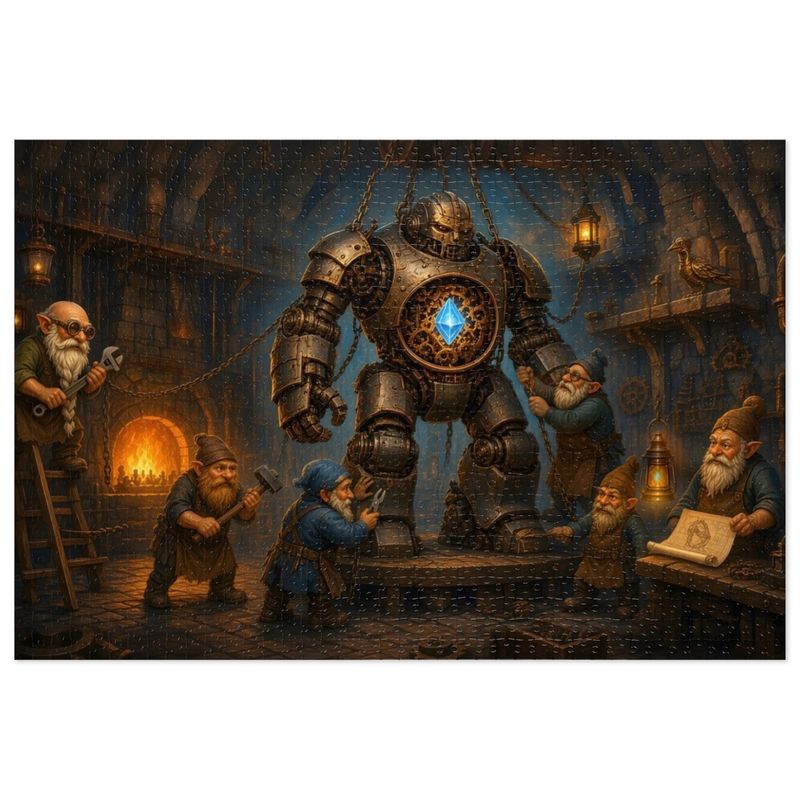 Gnome Tinker's Workshop Fantasy Jigsaw Puzzle in Tin, 1000 or 500 Pieces, Clockwork Golem RPG Artificer Gift Gnome Tinker's Workshop Fantasy Jigsaw Puzzle in Tin, 1000 or 500 Pieces, Clockwork Golem RPG Artificer Gift
