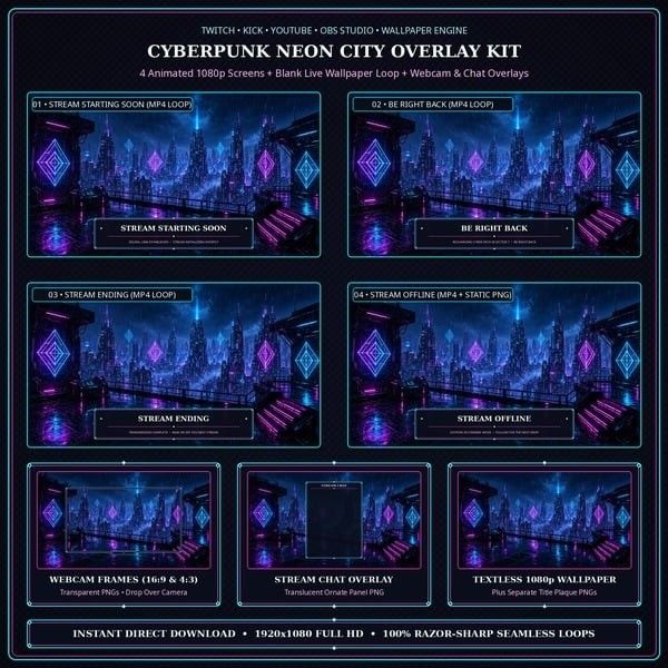 Cyberpunk Neon City Animated Stream Overlay Kit — 5 Animated 1080p MP4 Screens + Webcam & Chat Overlay (OBS / Twitch / YouTube) Cyberpunk Neon City Animated Stream Overlay Kit — 5 Animated 1080p MP4 Screens + Webcam & Chat Overlay (OBS / Twitch / YouTube)