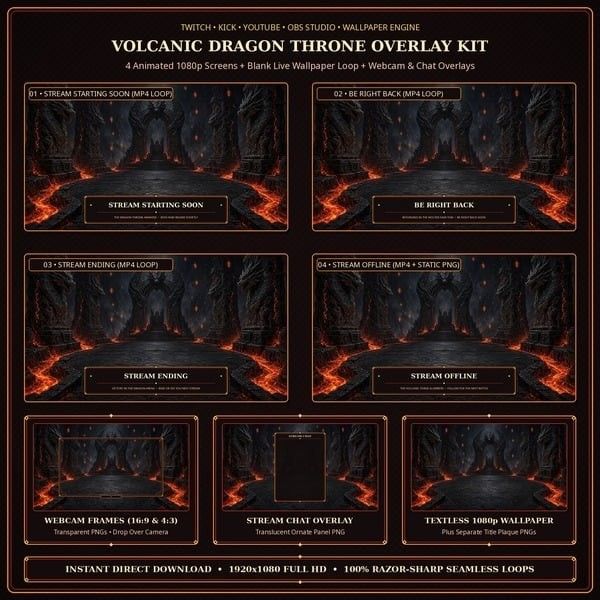 Volcanic Dragon Throne Animated Streamer Overlay Kit — 5 Animated 1080p MP4 Screens + Webcam & Chat Overlay (OBS / Twitch / YouTube) Volcanic Dragon Throne Animated Streamer Overlay Kit — 5 Animated 1080p MP4 Screens + Webcam & Chat Overlay (OBS / Twitch / YouTube)