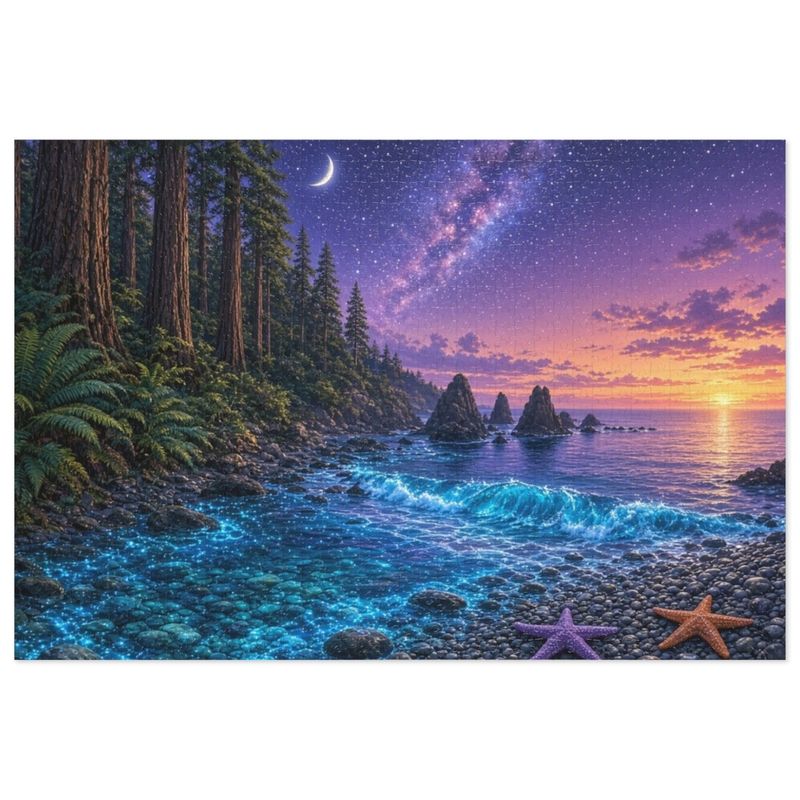 Moonlit Redwood Headland and Bioluminescent Cove Jigsaw Puzzle in Collectors Tin (500 and 1000 Piece) - Starry Coast Art - Redwood Roots Moonlit Redwood Headland and Bioluminescent Cove Jigsaw Puzzle in Collectors Tin (500 and 1000 Piece) - Starry Coast Art - Redwood Roots