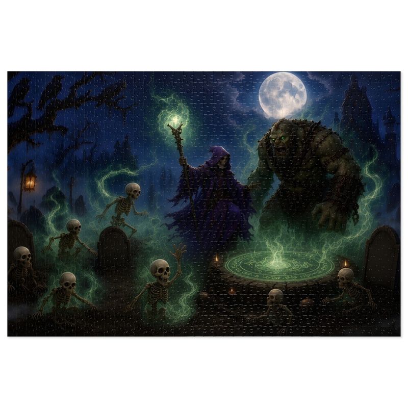 Necromancer Fantasy Jigsaw Puzzle in Tin, 1000 or 500 Pieces, Spooky Skeleton Graveyard Puzzle Gift