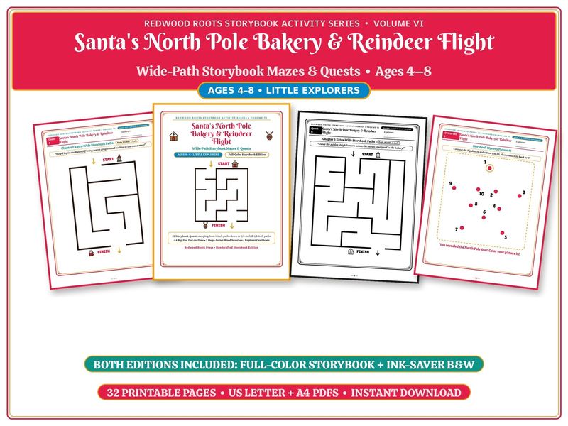 Printable Christmas Bakery Maze Book for Kids Ages 4-8, North Pole Reindeer Wide-Path Mazes, 32 Page Pack, Color + B&W PDF Printable Christmas Bakery Maze Book for Kids Ages 4-8, North Pole Reindeer Wide-Path Mazes, 32 Page Pack, Color + B&W PDF