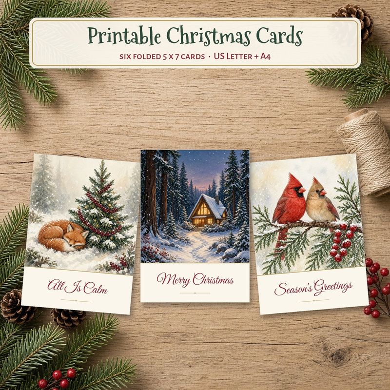 Printable Christmas Cards Set of 6, Folded 5x7 Woodland Holiday Cards, Blank Inside or Greeting, Instant Download PDF Printable Christmas Cards Set of 6, Folded 5x7 Woodland Holiday Cards, Blank Inside or Greeting, Instant Download PDF