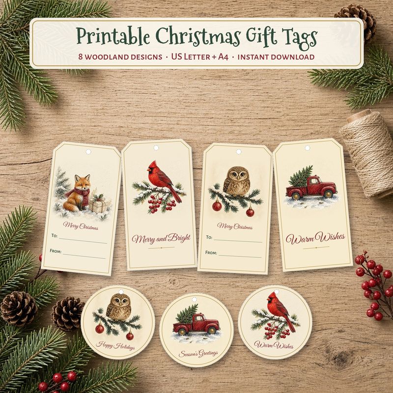 Printable Christmas Gift Tags, Woodland Holiday Tags with Fox, Cardinal, Owl, Deer, Red Truck, Round Tags, Instant Download PDF Printable Christmas Gift Tags, Woodland Holiday Tags with Fox, Cardinal, Owl, Deer, Red Truck, Round Tags, Instant Download PDF