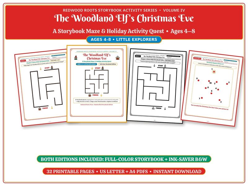 Printable Christmas Maze Book for Kids Ages 4-8, Woodland Elf Wide-Path Mazes, 32 Page Activity Pack, Color + B&W PDF Printable Christmas Maze Book for Kids Ages 4-8, Woodland Elf Wide-Path Mazes, 32 Page Activity Pack, Color + B&W PDF