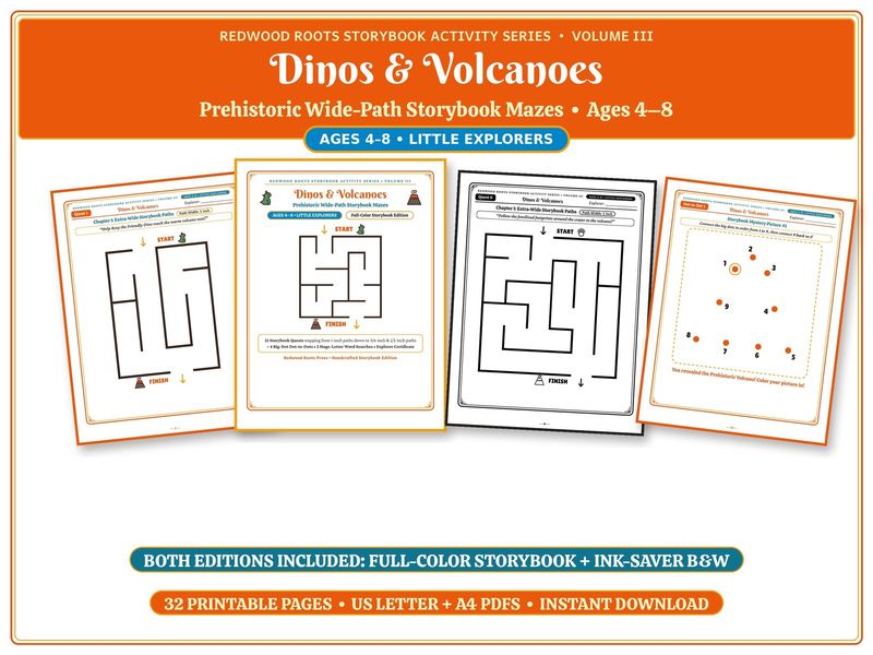 Printable Maze Book for Kids Ages 4-8, Dinosaur and Volcano Wide-Path Mazes, 32 Page Activity Pack, Color + B&W PDF Printable Maze Book for Kids Ages 4-8, Dinosaur and Volcano Wide-Path Mazes, 32 Page Activity Pack, Color + B&W PDF