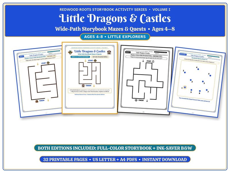 Printable Maze Book for Kids Ages 4-8, Dragon and Castle Wide-Path Mazes, 32 Page Activity Pack, Color + B&W PDF Printable Maze Book for Kids Ages 4-8, Dragon and Castle Wide-Path Mazes, 32 Page Activity Pack, Color + B&W PDF