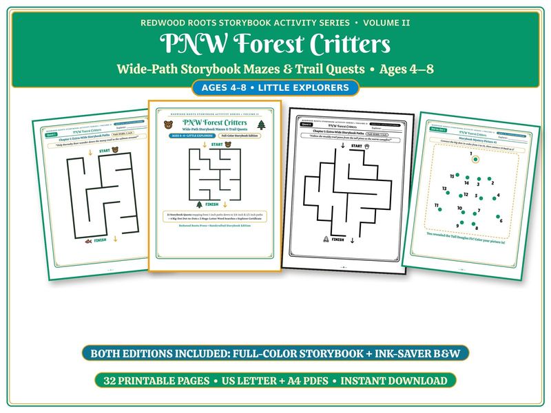 Printable Maze Book for Kids Ages 4-8, Pacific Northwest Forest Critters Wide-Path Mazes, 32 Page Activity Pack, Color + B&W PDF Printable Maze Book for Kids Ages 4-8, Pacific Northwest Forest Critters Wide-Path Mazes, 32 Page Activity Pack, Color + B&W PDF