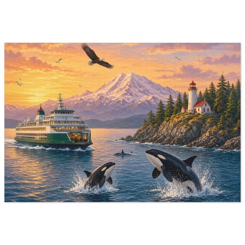 Puget Sound Sunset Ferry and Orca Whales Jigsaw Puzzle - 500 or 1000 Piece Mount Rainier Collector Tin Gift Puget Sound Sunset Ferry and Orca Whales Jigsaw Puzzle - 500 or 1000 Piece Mount Rainier Collector Tin Gift