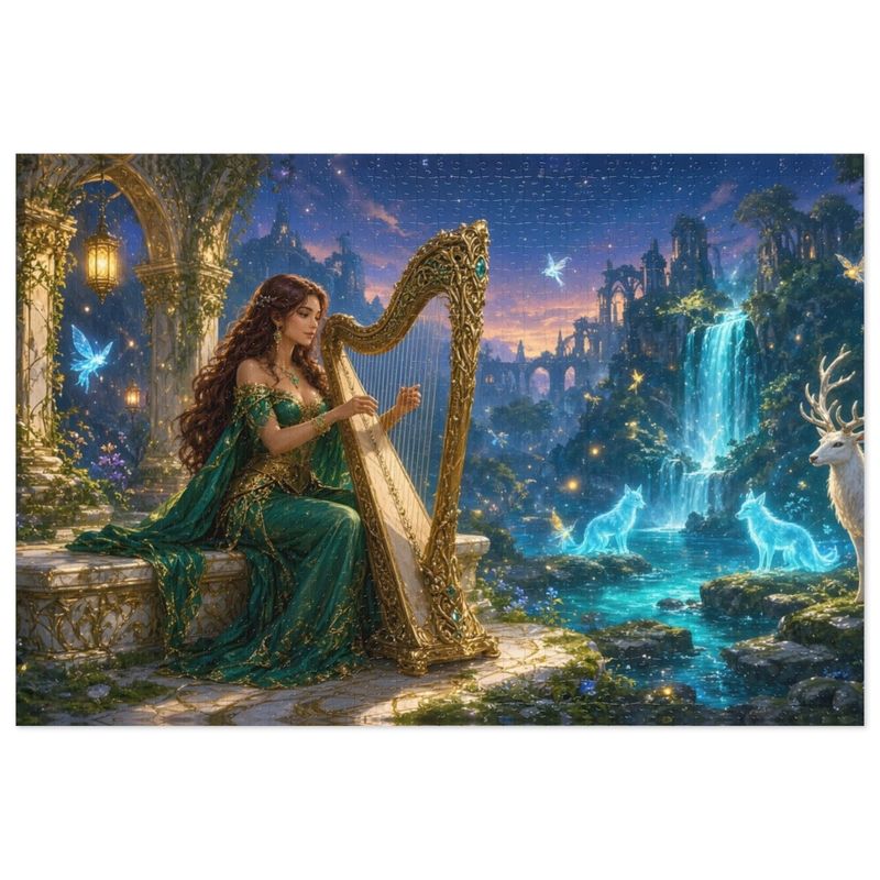 Starlight Waterfall Harp Bard Fantasy Puzzle in Tin, XL Gaming Desk Mat or Hardcover Journal - Elven Stag and Wolves Art - Redwood Roots Starlight Waterfall Harp Bard Fantasy Puzzle in Tin, XL Gaming Desk Mat or Hardcover Journal - Elven Stag and Wolves Art - Redwood Roots