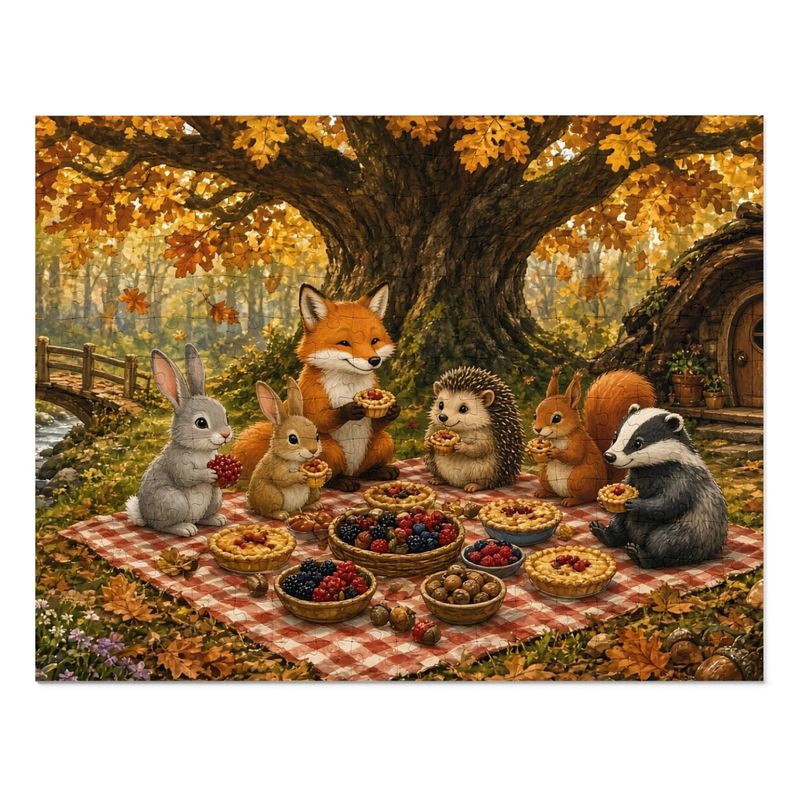 Woodland Hollow Kids Jigsaw Puzzle, Autumn Picnic Forest Animals, 252 or 110 Pieces (Tin Box)