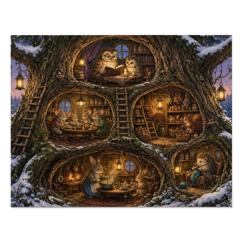 Woodland Hollow Kids Jigsaw Puzzle, Tree House Forest Animals, 252 or 110 Pieces (Tin Box)